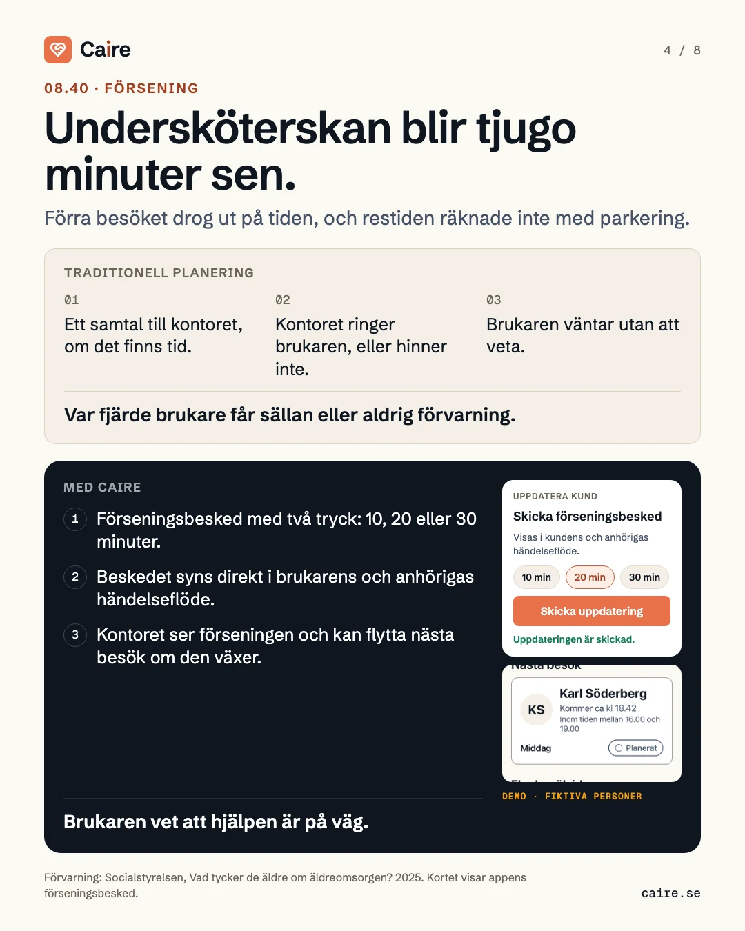 08.40, a delay: a two-tap delay notice that clients and relatives see.