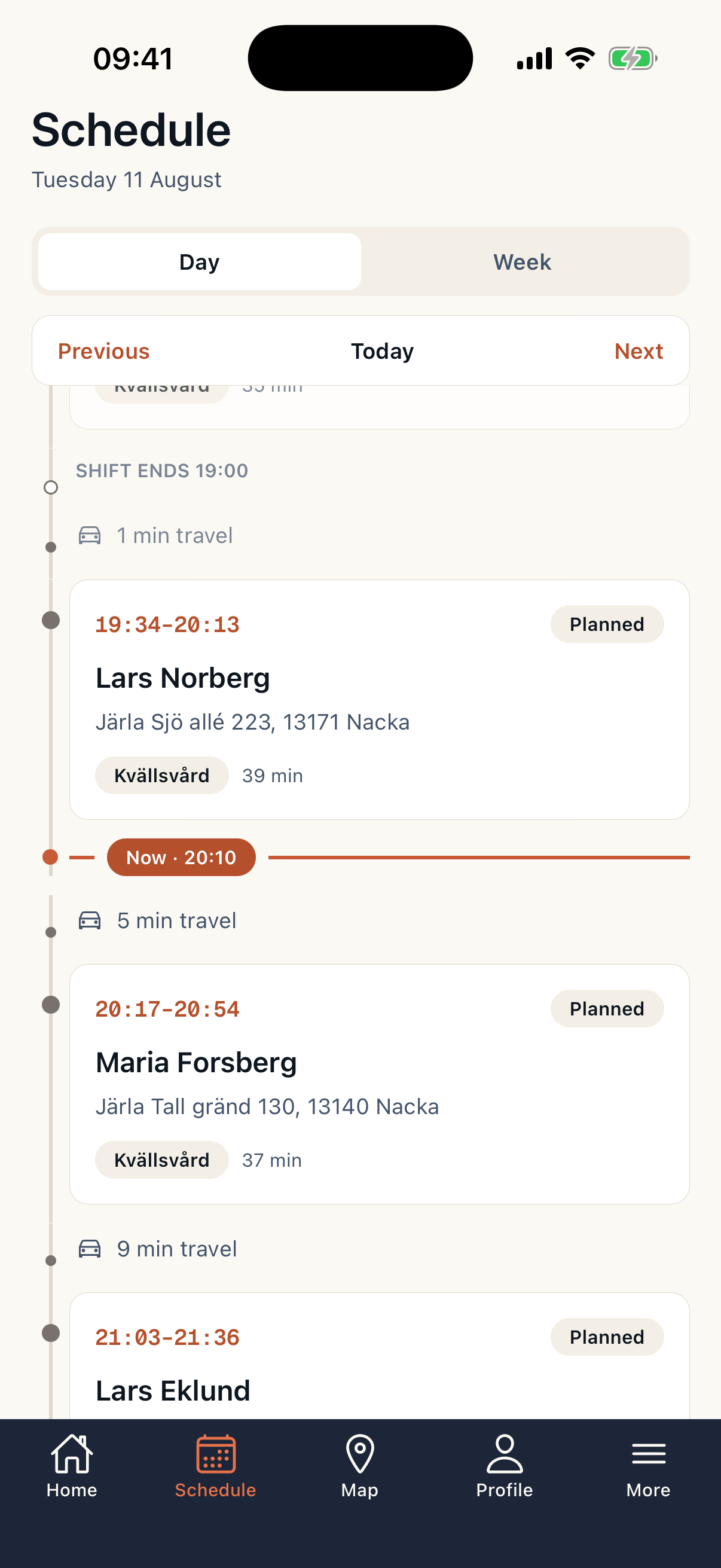 Caire caregiver app showing the day's schedule and travel times