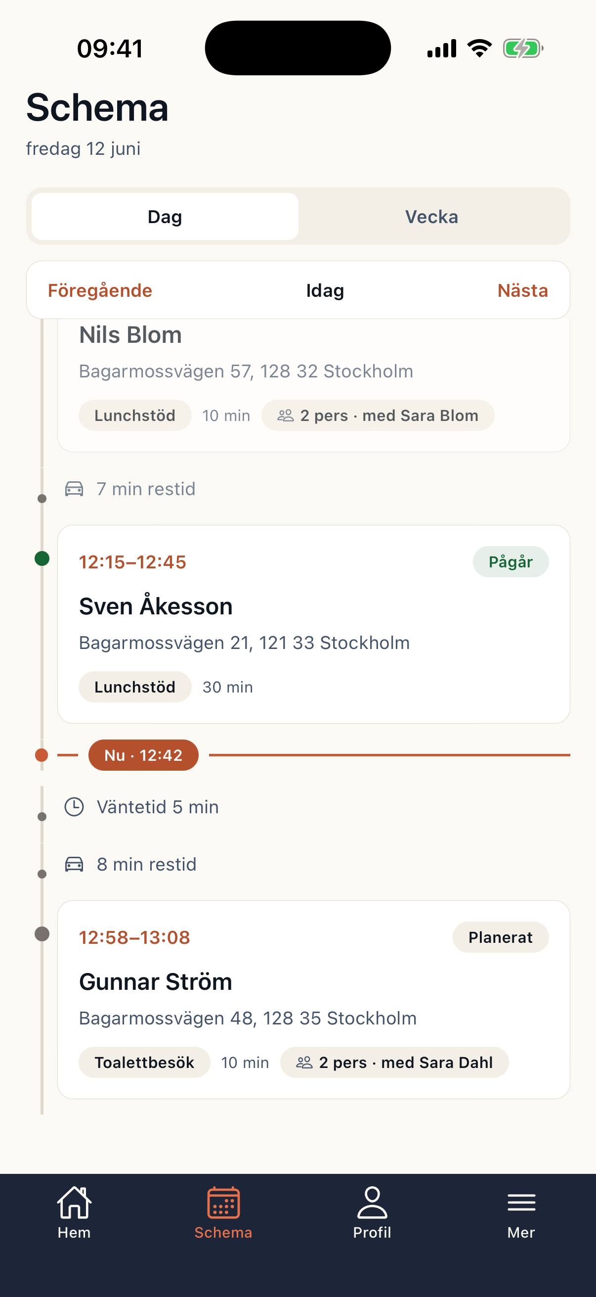 Caire caregiver app showing the day's schedule and travel times