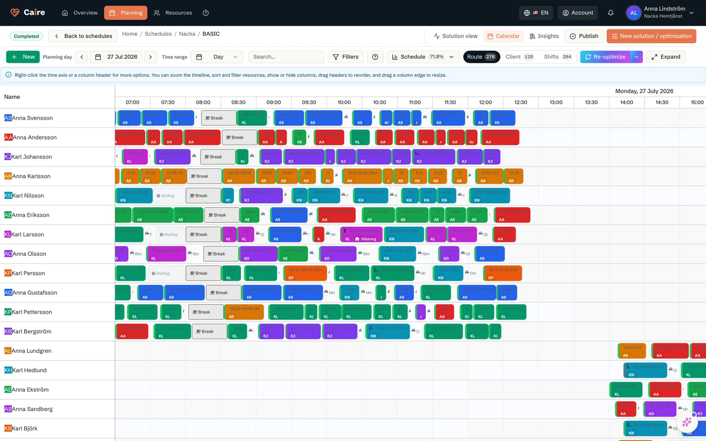 Caire planning dashboard with schedule and routes