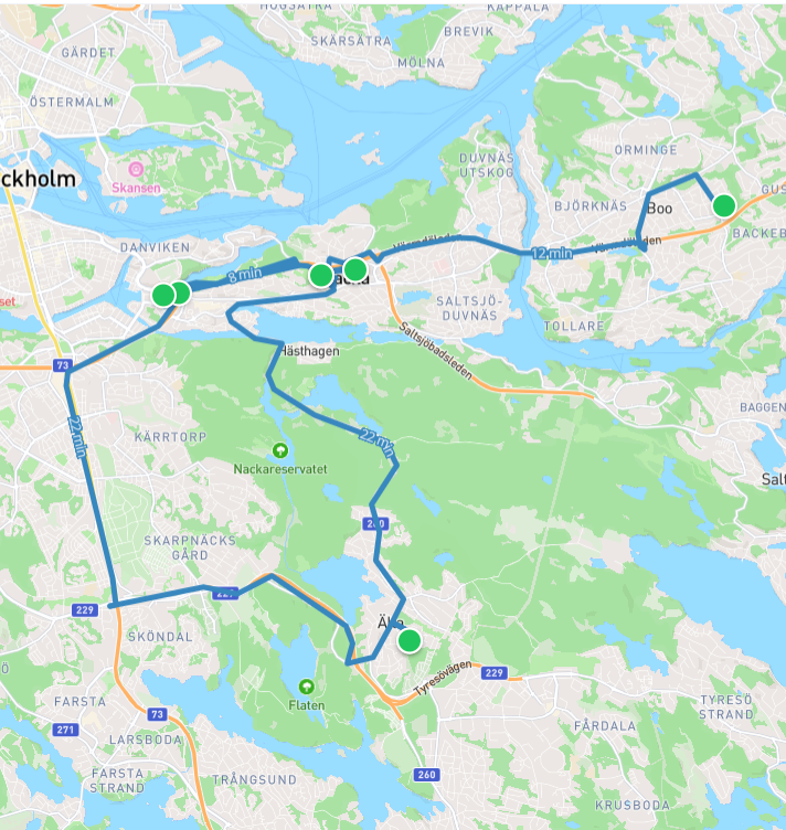 Illustrativ ruttkarta mellan medarbetare och brukarens adress
