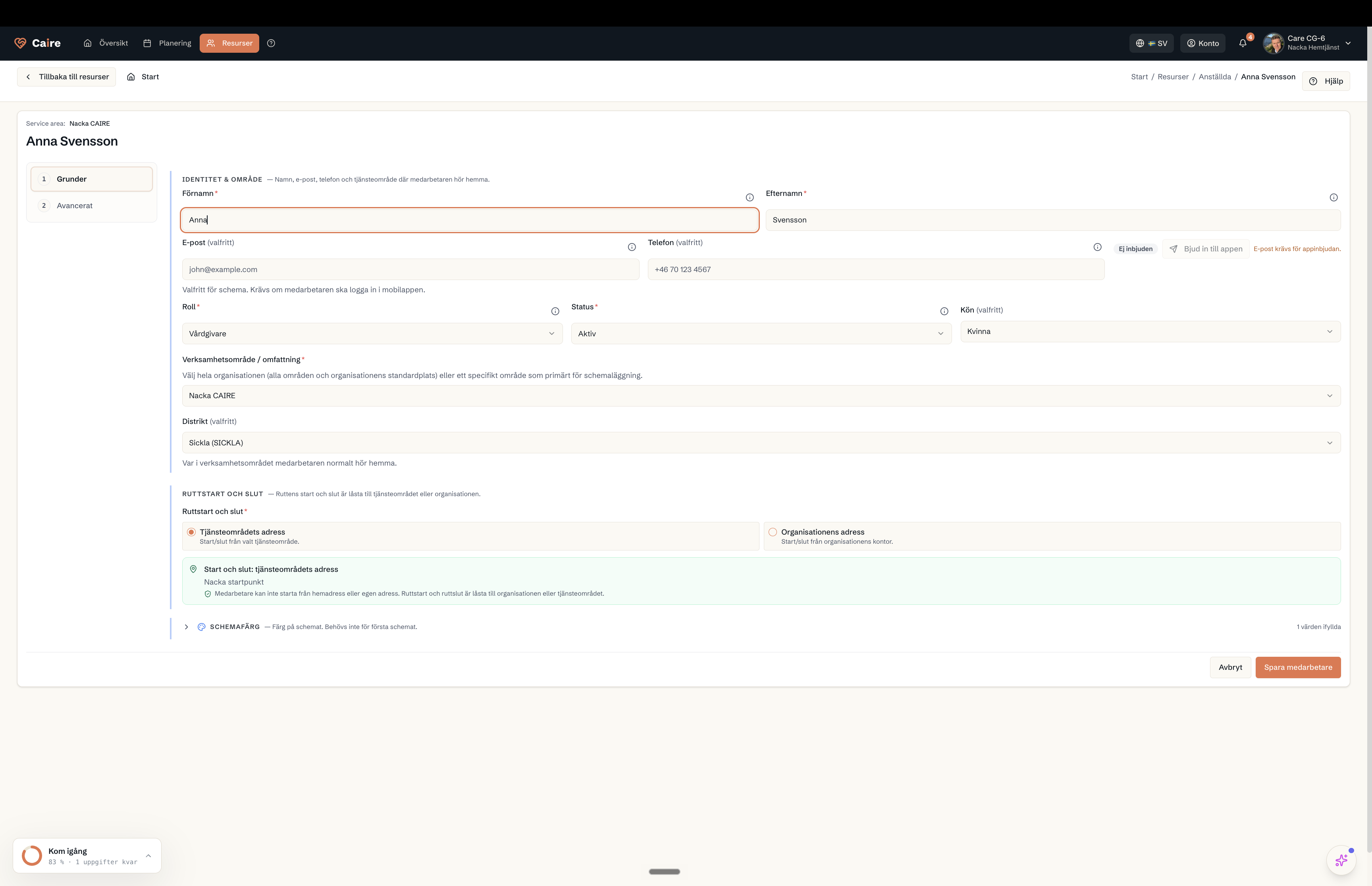 Employee form basic tab with identity, unit, and scheduling data.