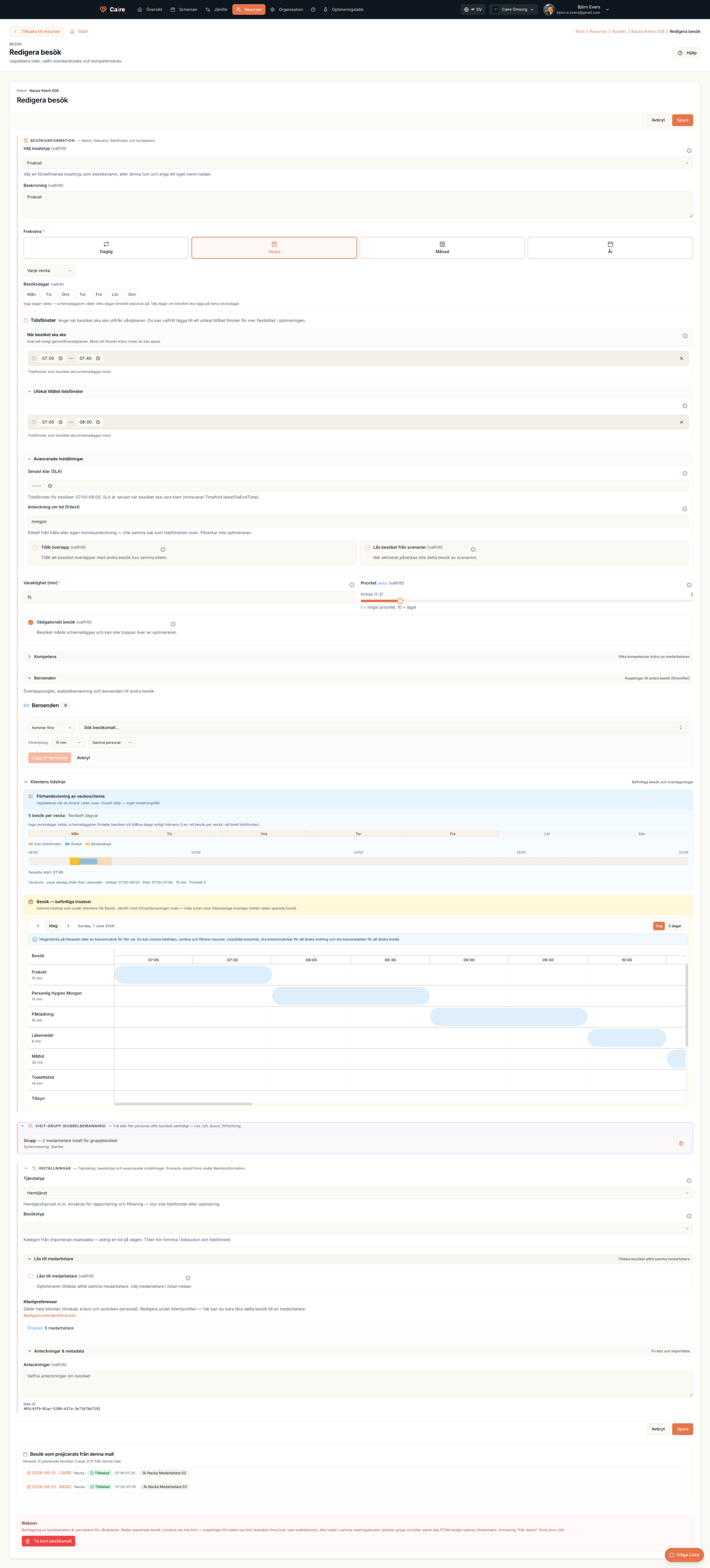 Edit visit template with service, frequency, time windows, duration, priority, skills, dependencies, double staffing, and settings.
