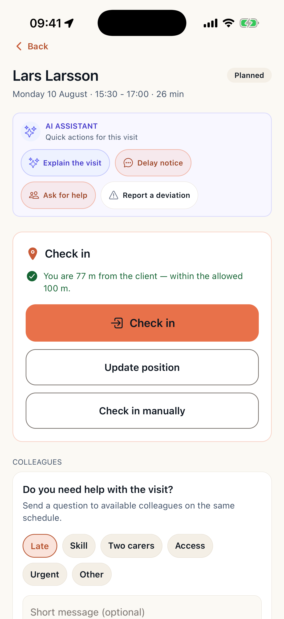Caire caregiver EVV check-in screen