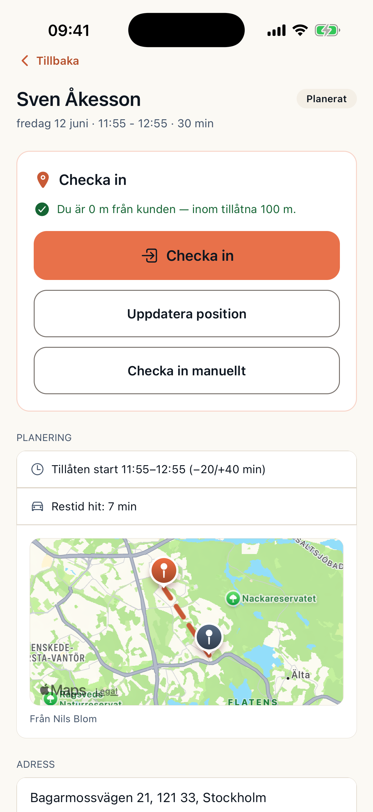 Caire caregiver EVV check-in screen