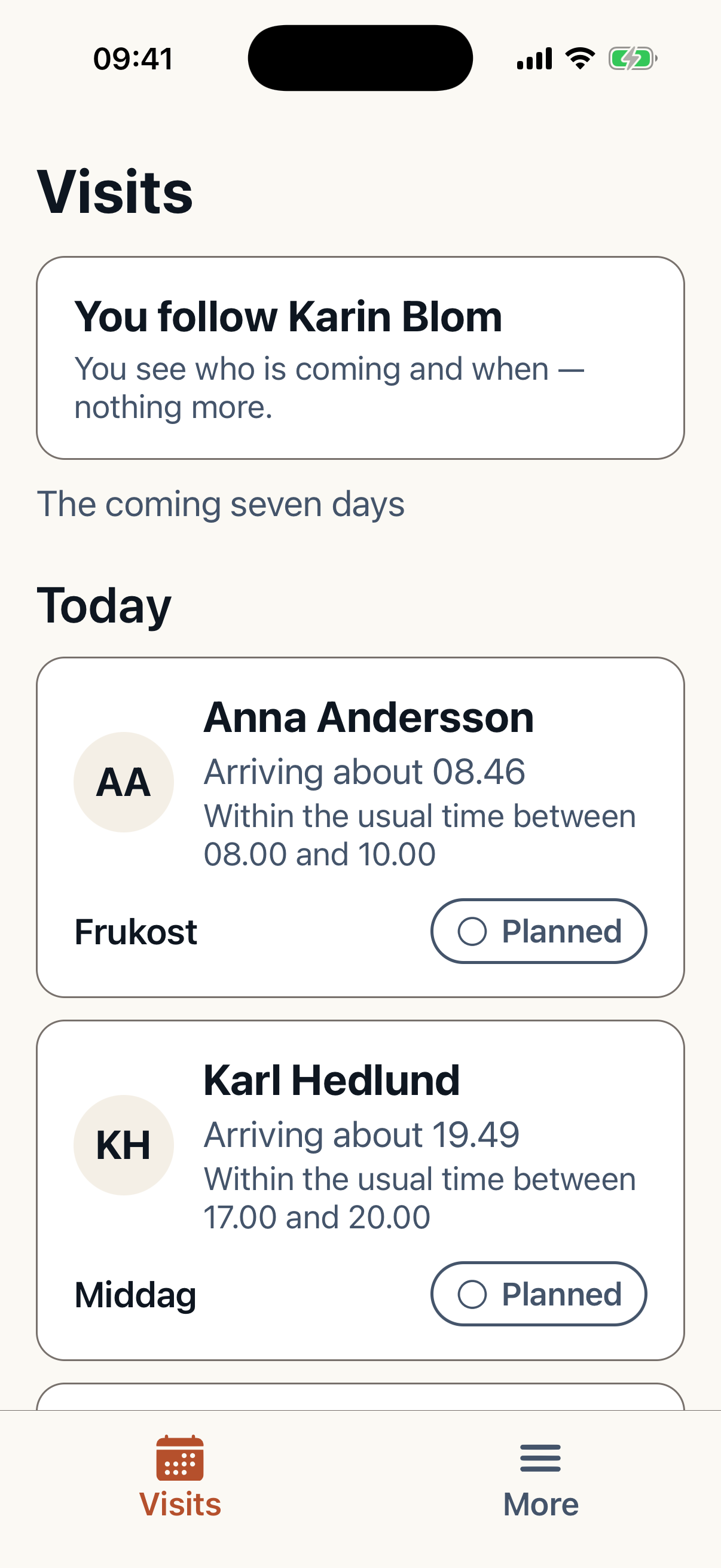 Caire family app showing the followed client's visits
