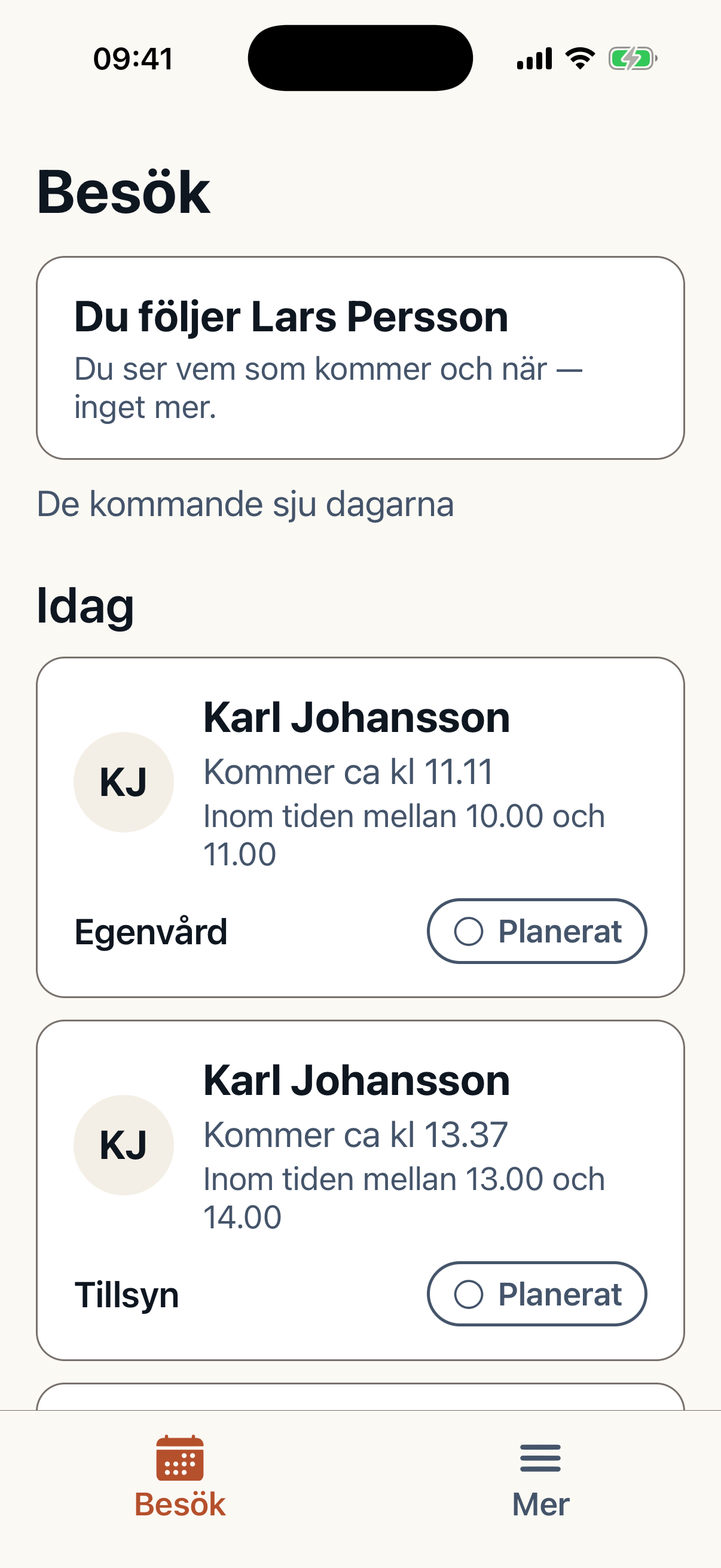 Anhörigappen med hela besöksöversikten och navigation