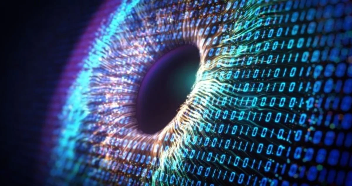 Abstract blue and purple digital eye with binary code