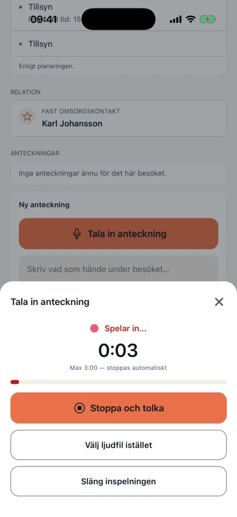 Produktbild: Tala in anteckning med Stoppa och tolka i medarbetarappen