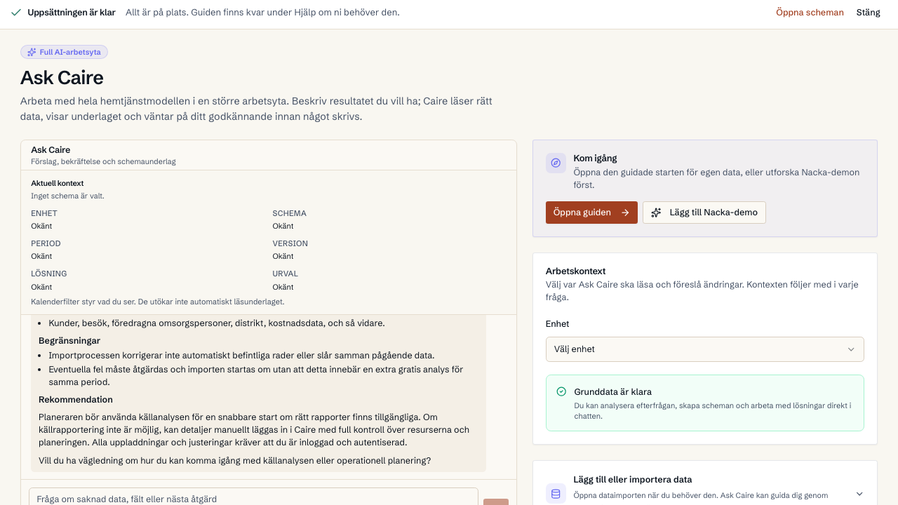 Caires aktuella AI-assistent Ask Caire med en fråga om att komma igång