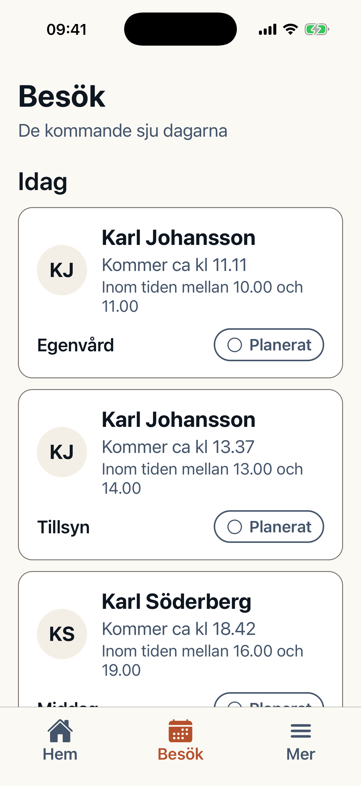 Syntetisk brukarvy för samma tillsynsbesök med Karl Johansson och beräknad ankomst 13:37