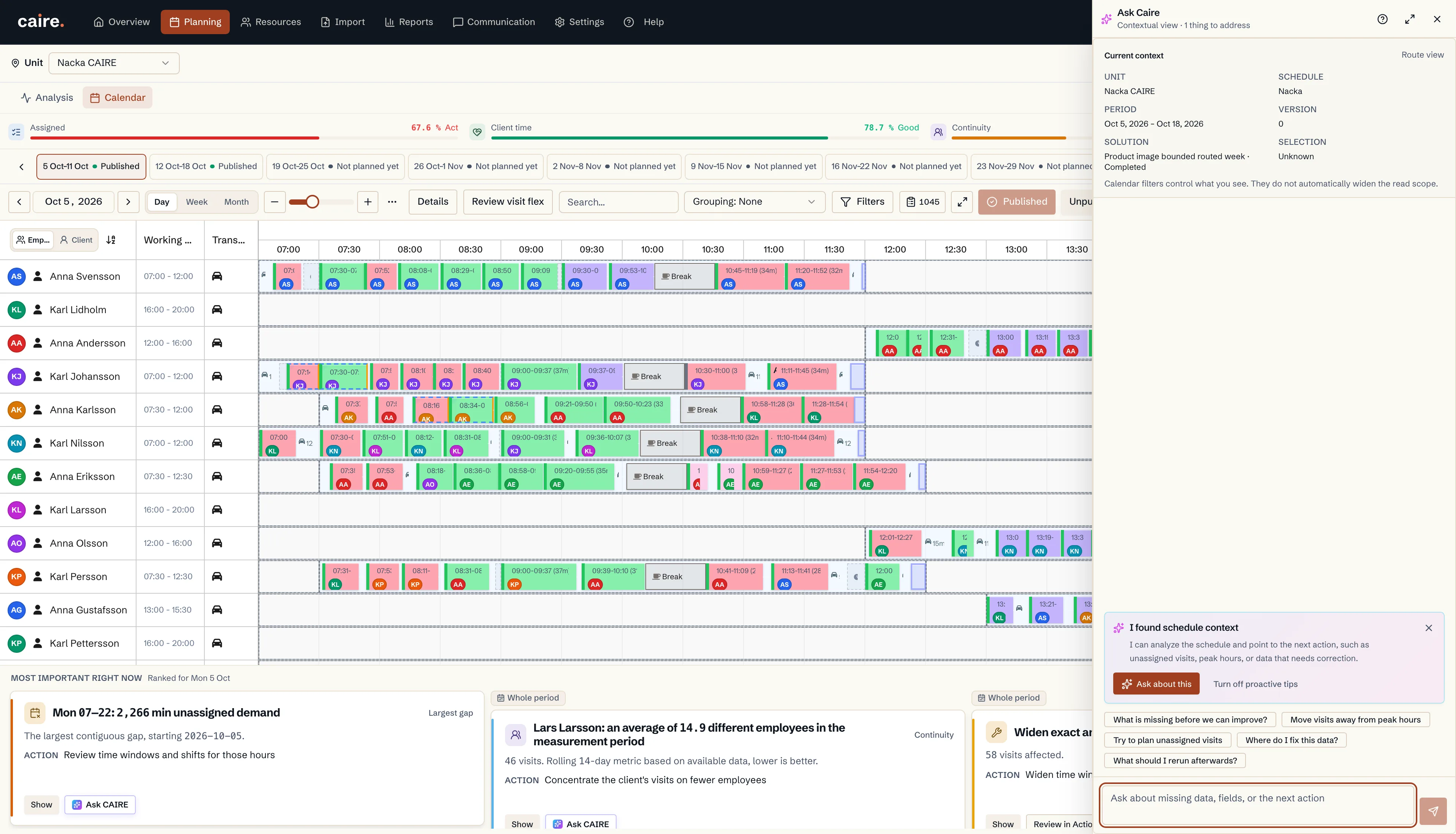 Ask Caire with five schedule prompts and an empty composer for the selected solution