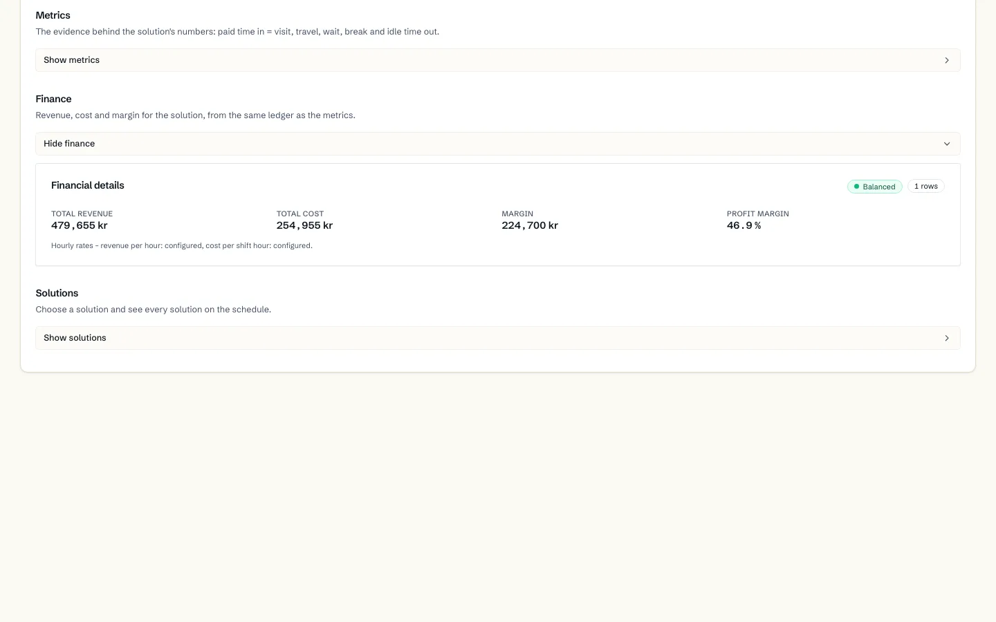 Finance card with revenue, cost and margin for the solution