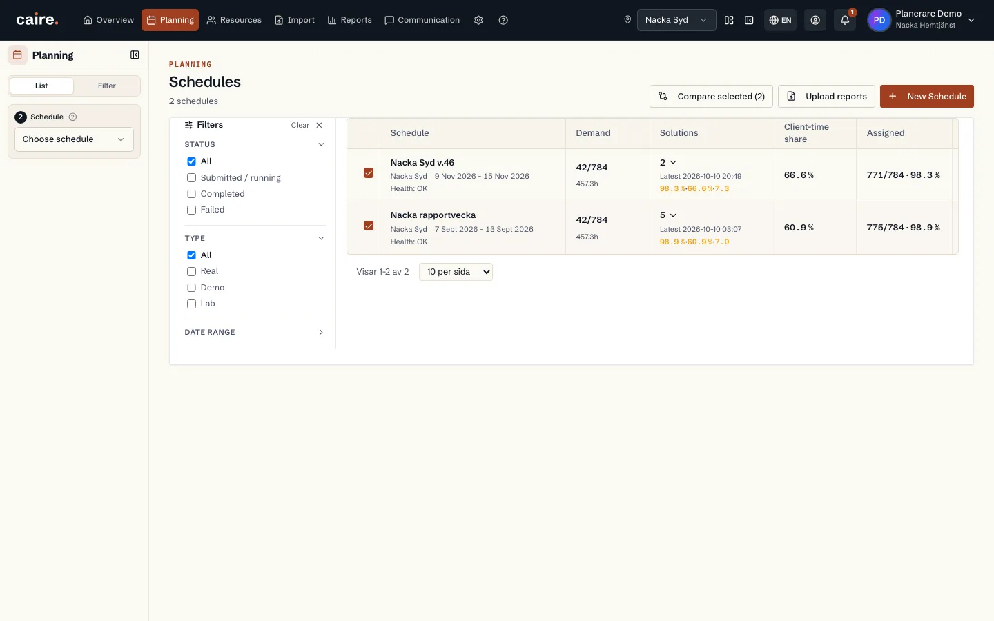 Schedule list with two selected schedules and the Compare selected button