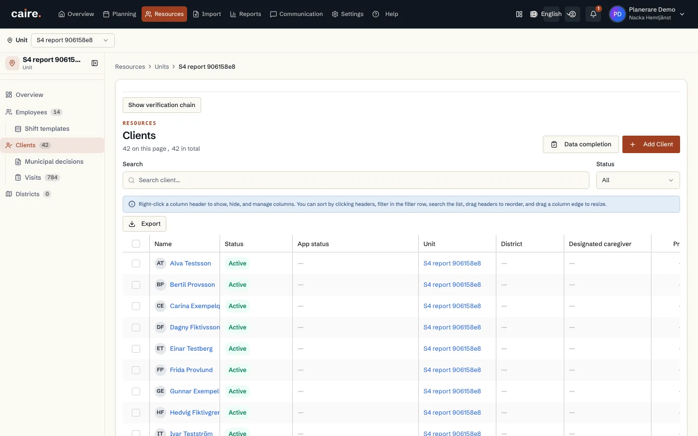 Saved client data from a synthetic import