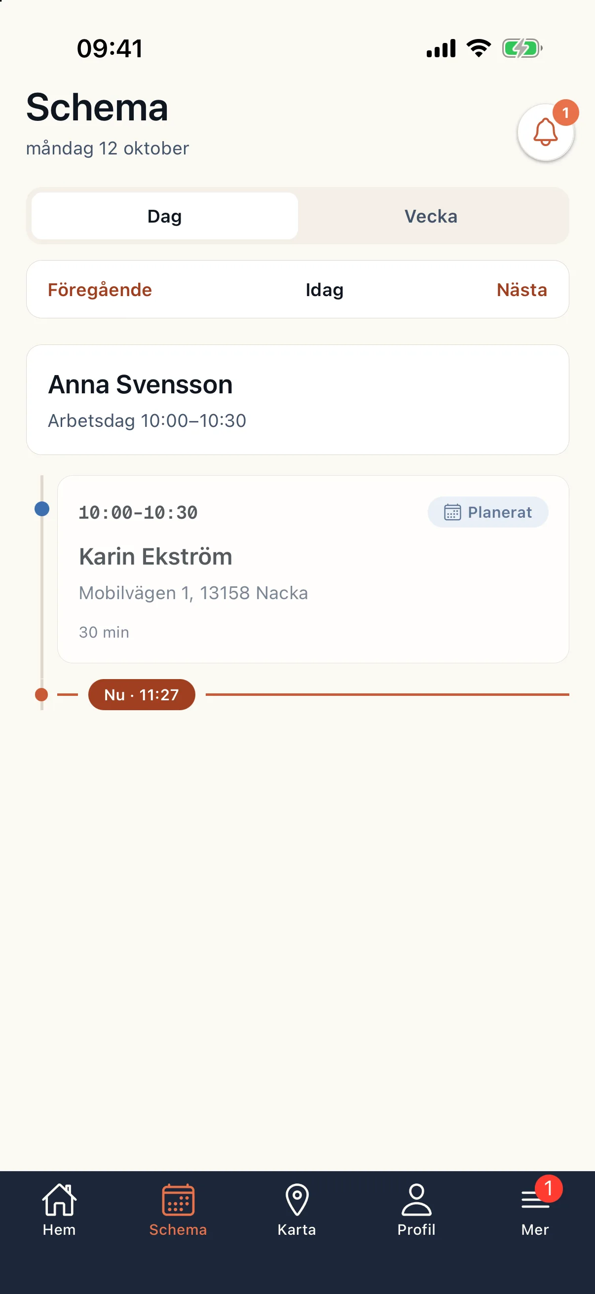 Schemat i medarbetarappen med dagens besök i tidsordning