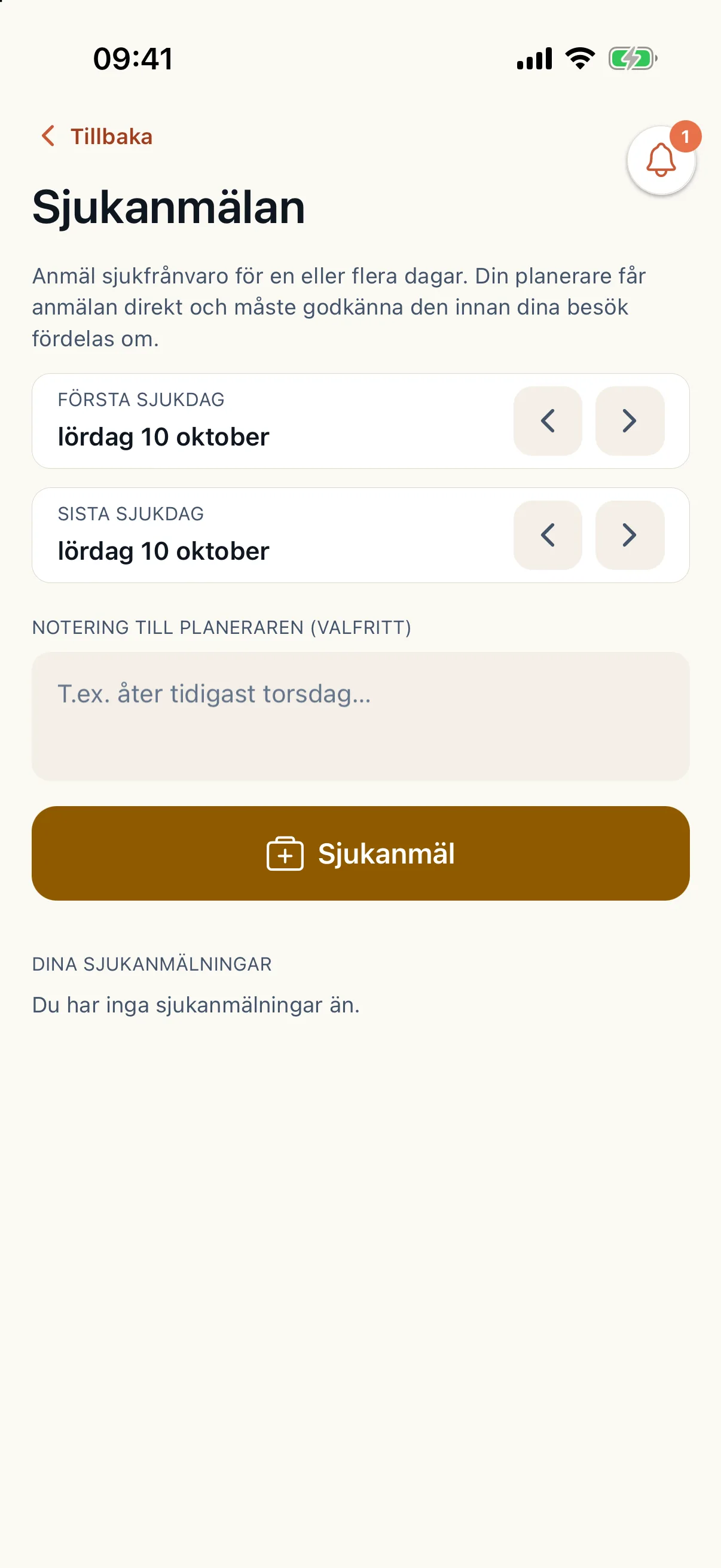 Sjukanmälan med första och sista sjukdag