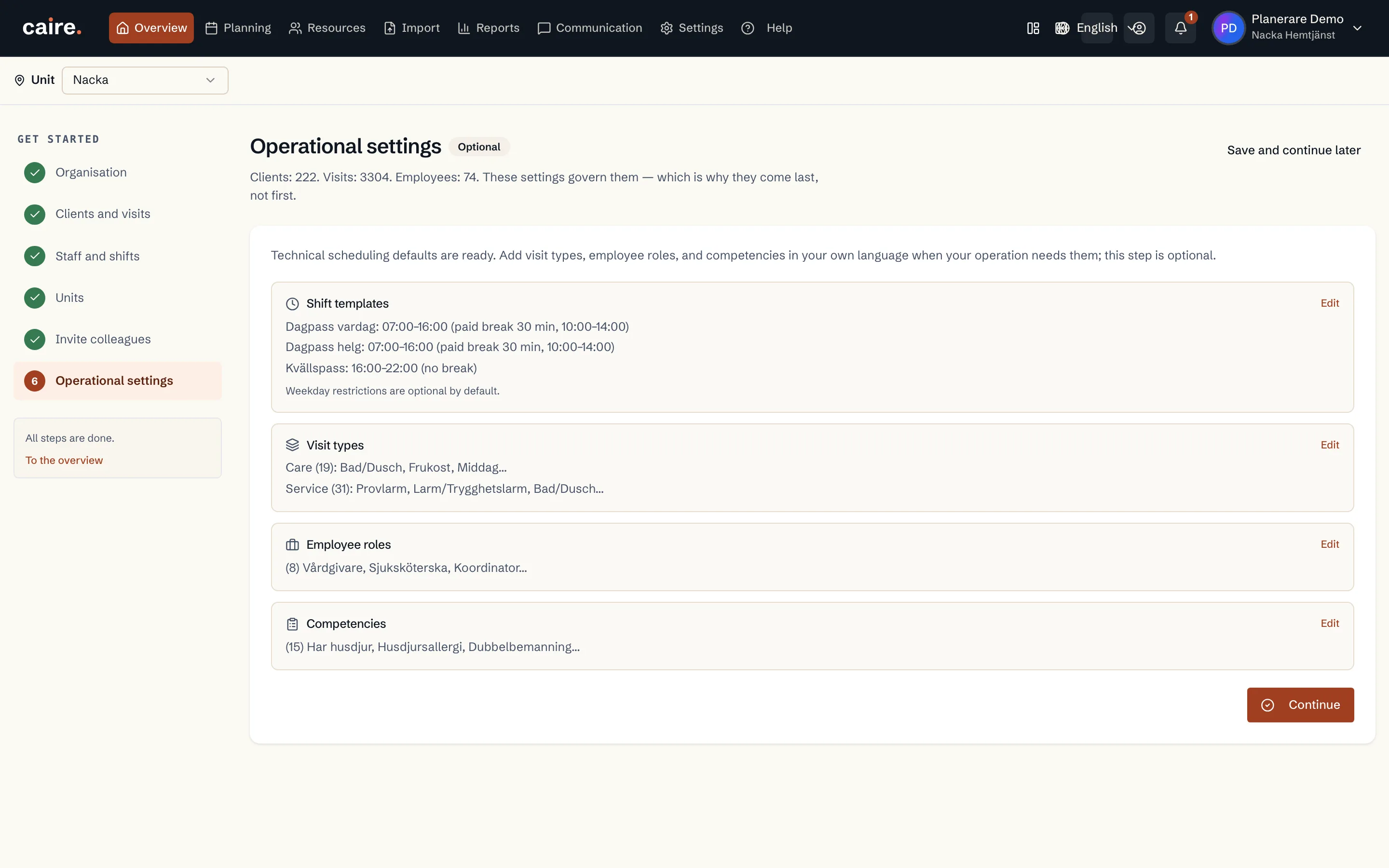 Operational shift templates, visit types, roles and competencies