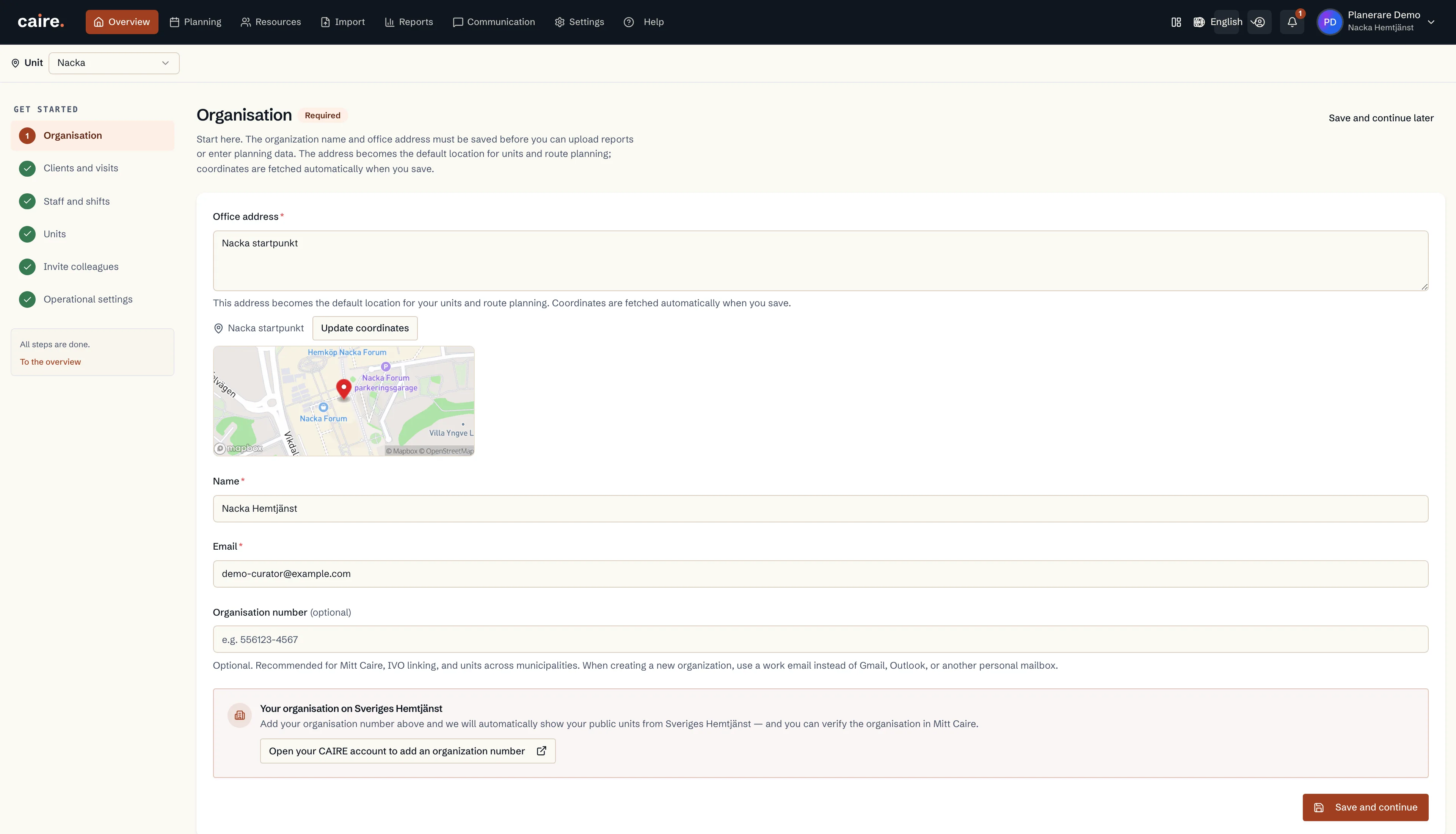 Organization setup step with an existing name and the demo organization's saved depot