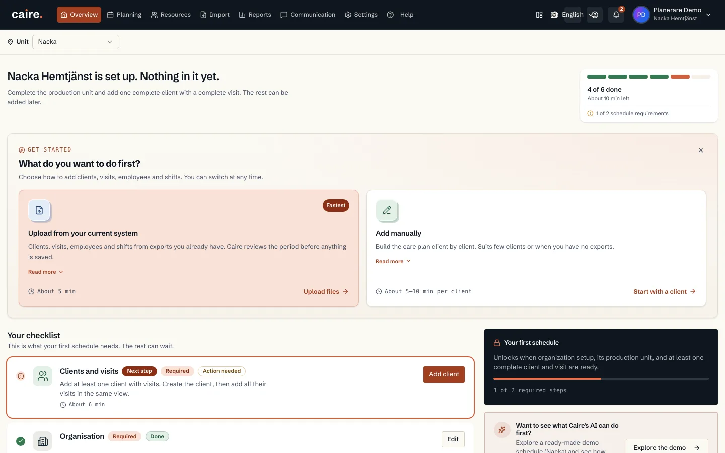 Get-started checklist with the organisation's setup steps