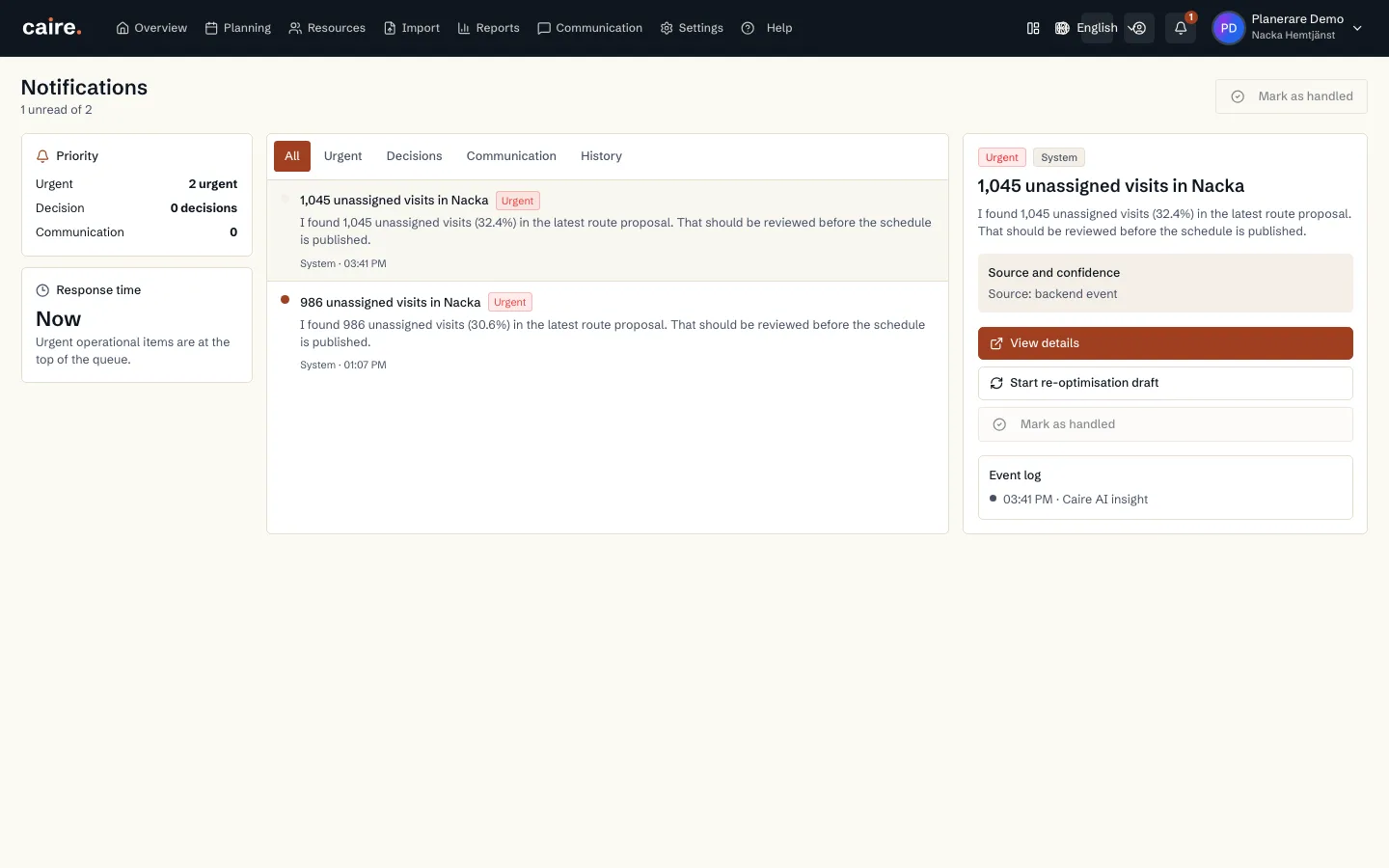 Notification inbox with a selected notification