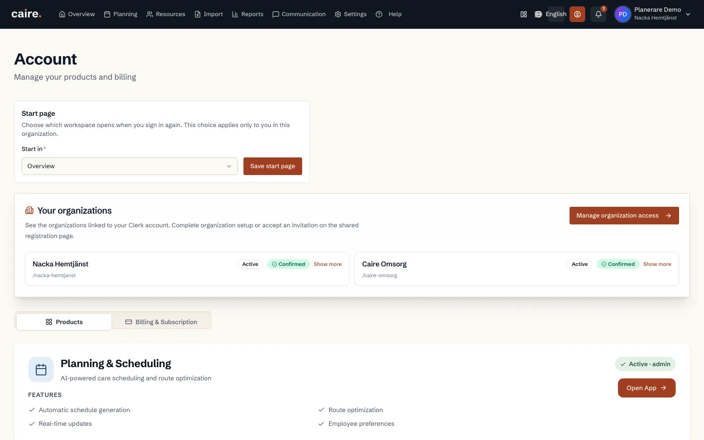 Product overview with actual access statuses