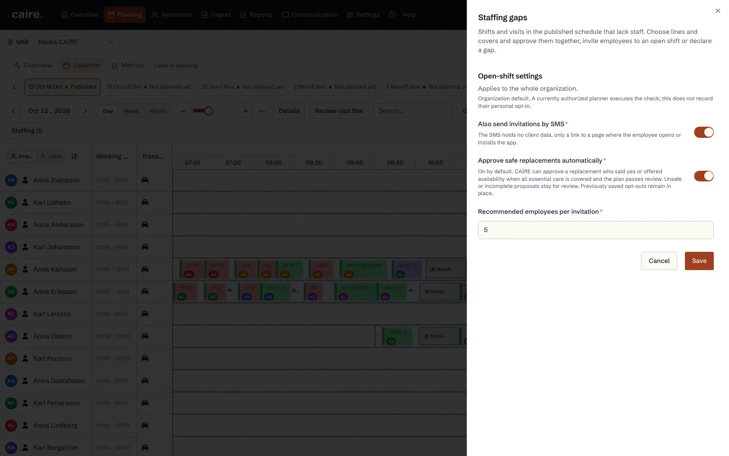 Staffing settings