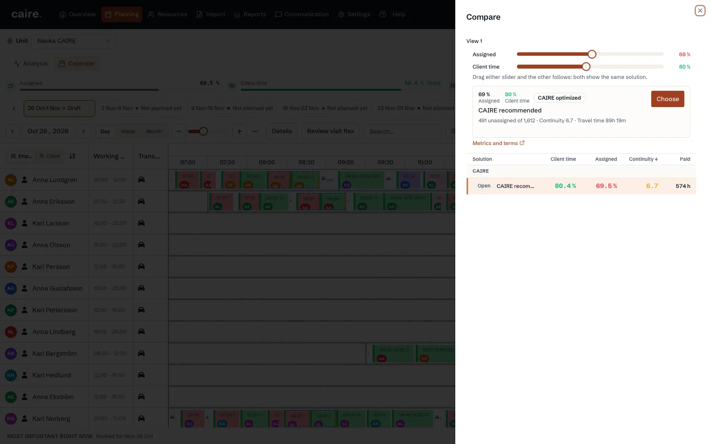 Compare panel with assigned and client-time sliders and a list of solutions