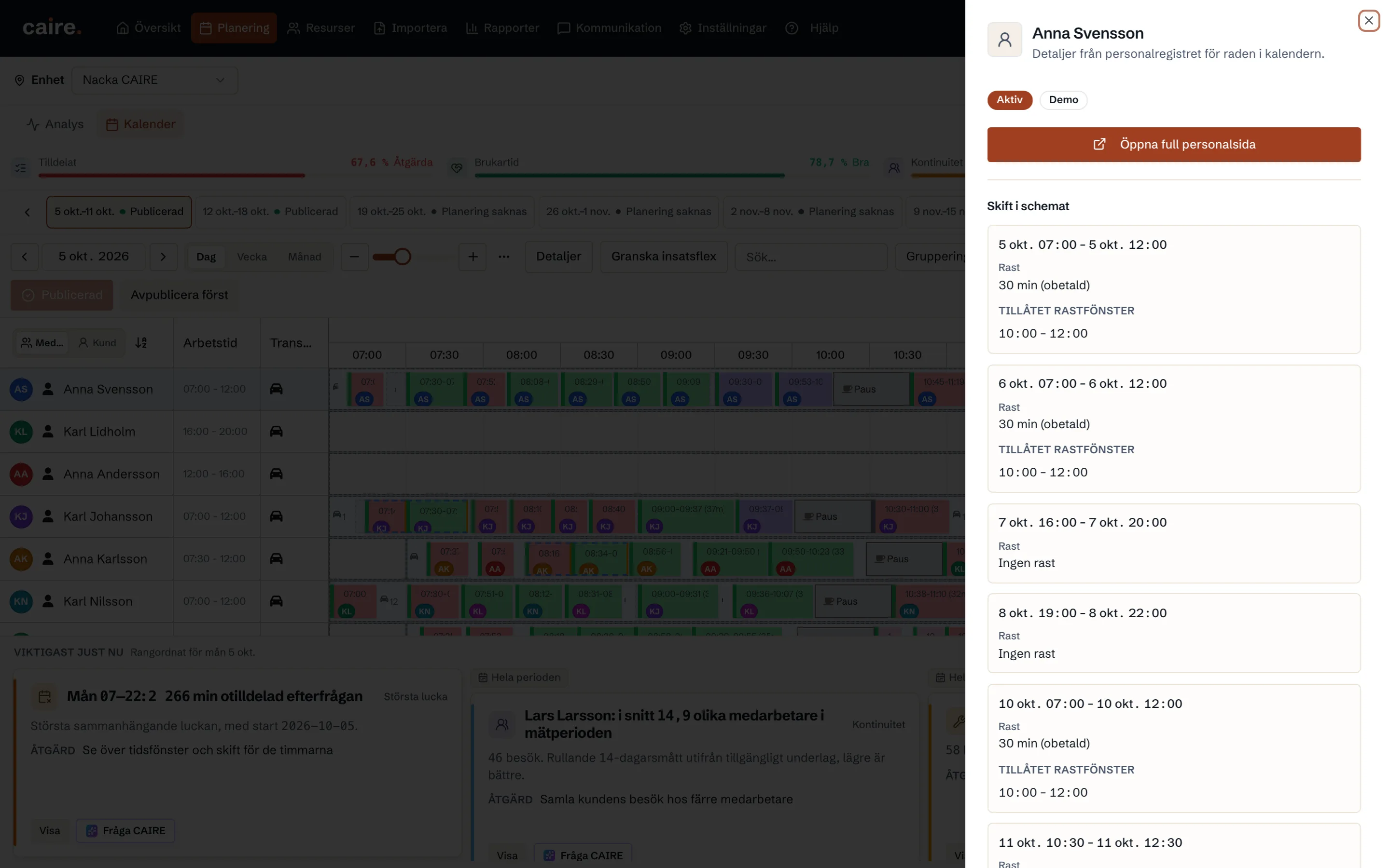 Detaljpanel för medarbetaren och dennes schemapass