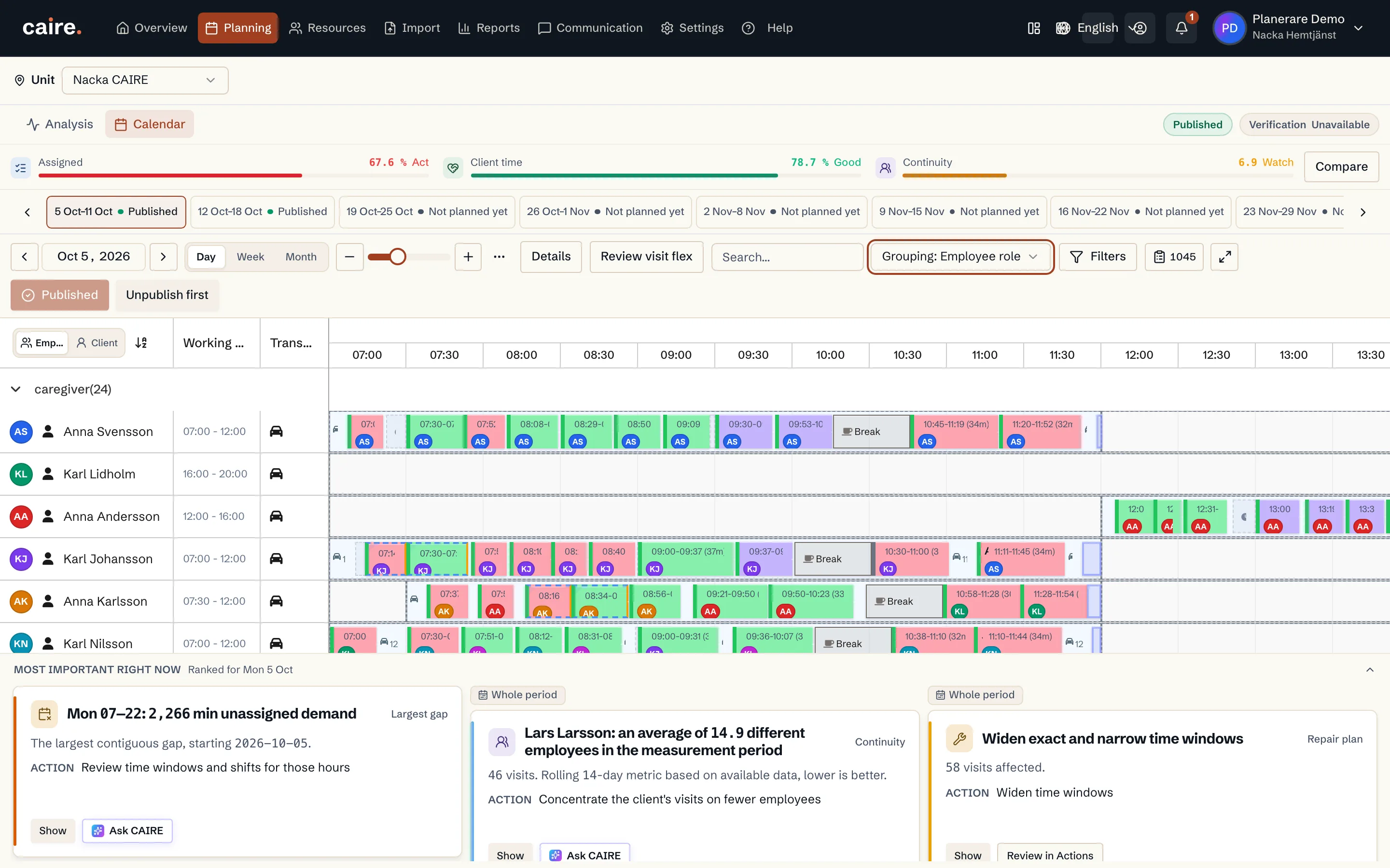 Calendar with employee rows grouped by role
