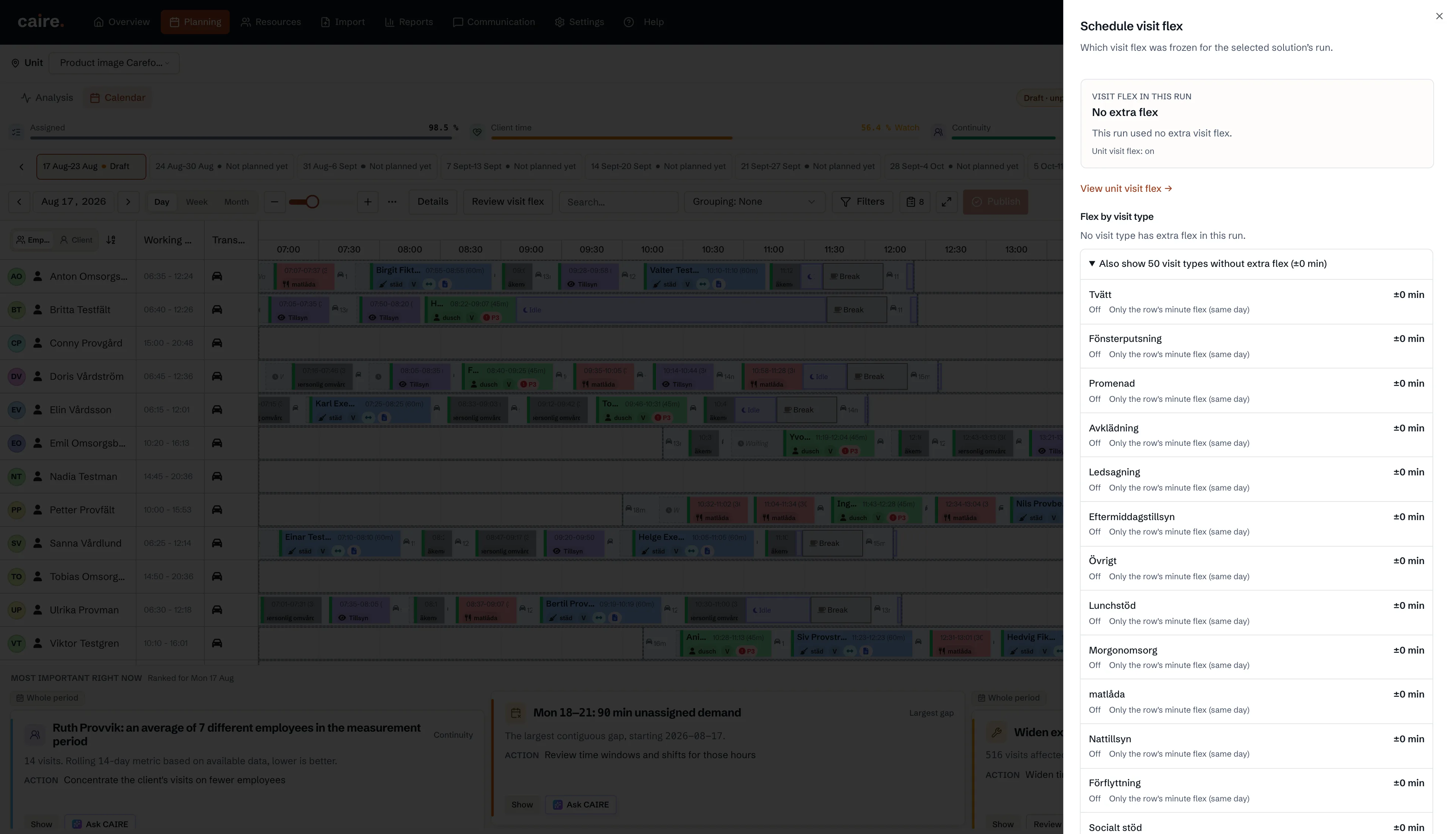 Visit flex audit with a frozen base policy of No extra flex and expanded zero-minute rows