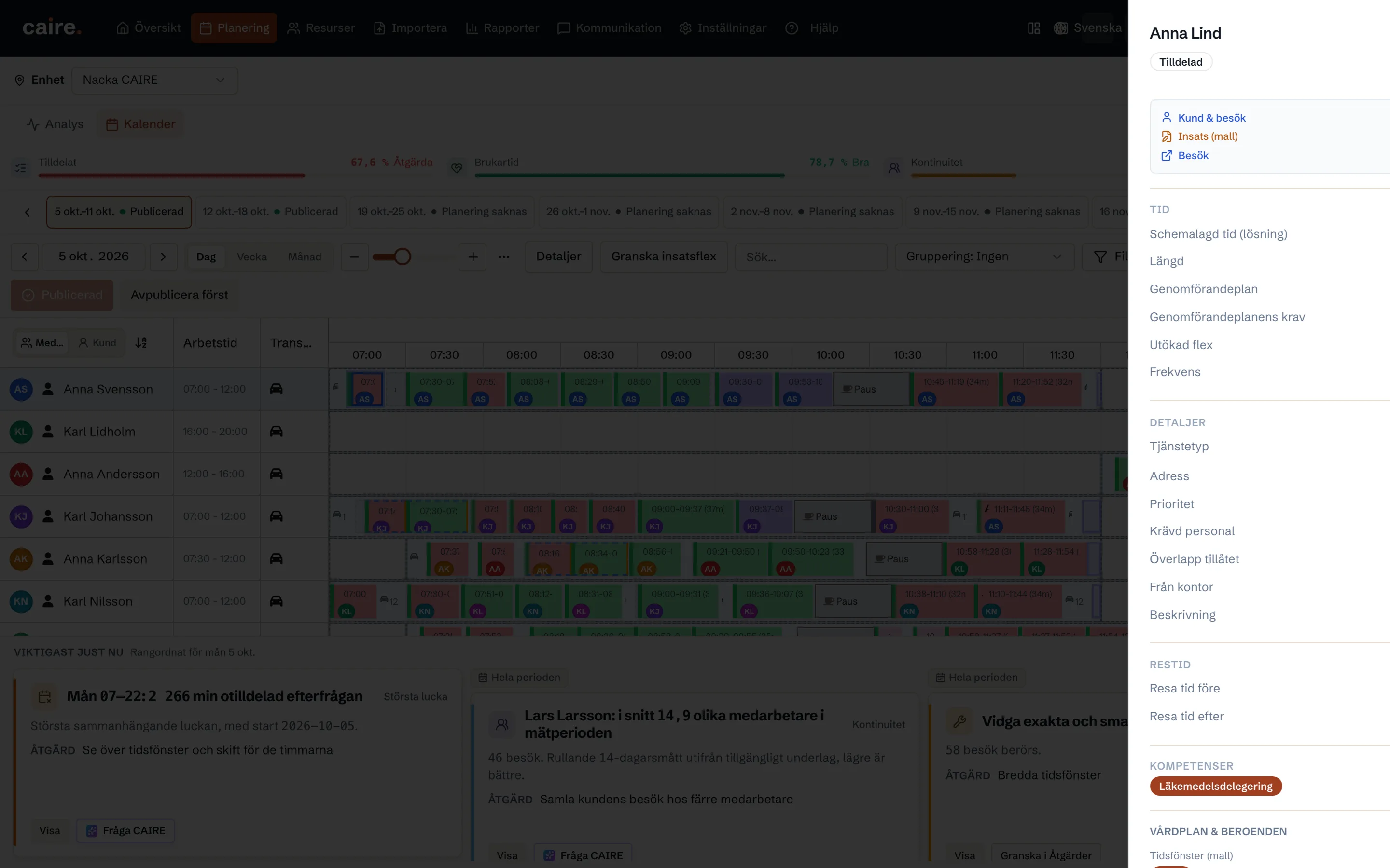 Detaljpanel för ett planerat besök