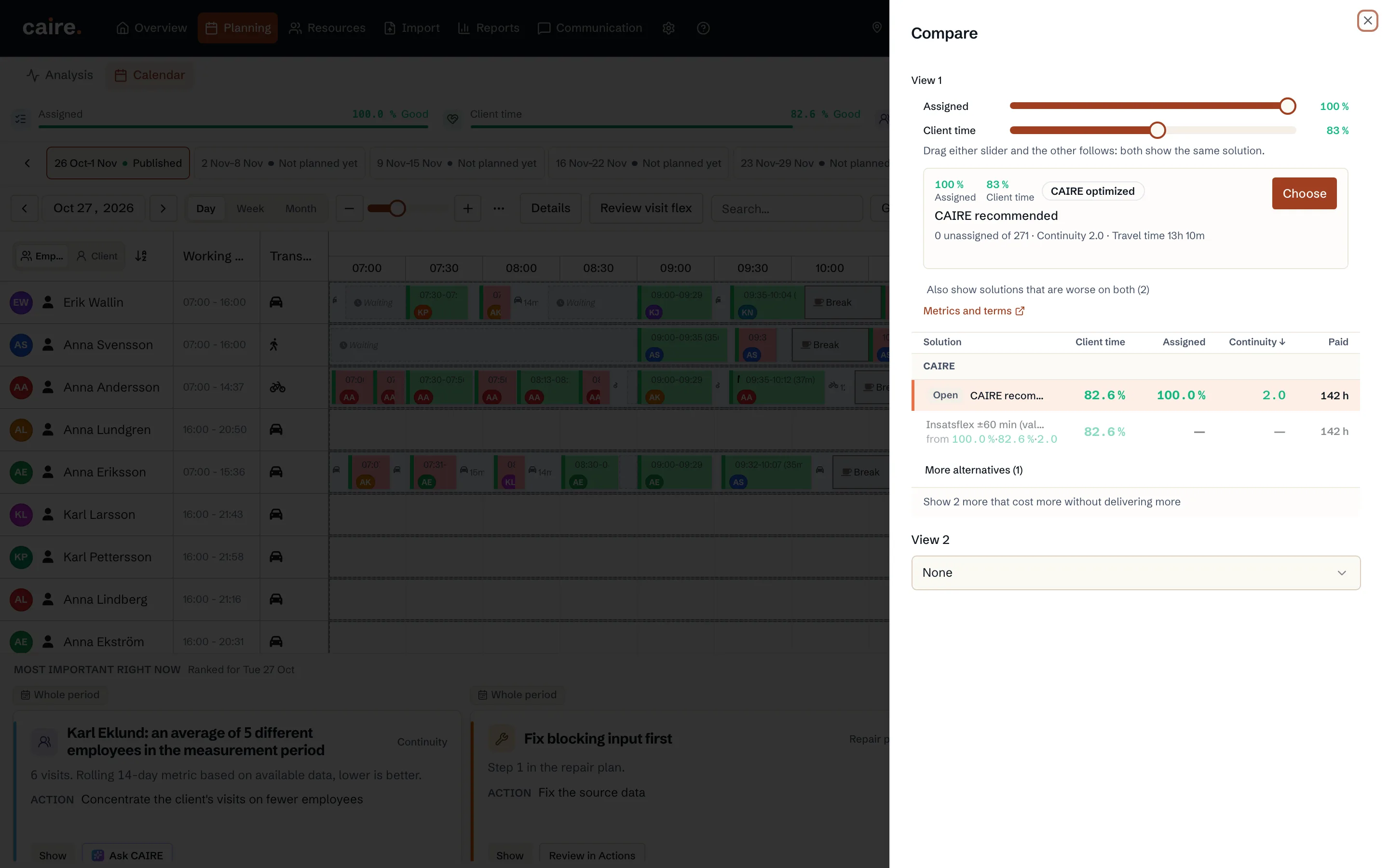 Solution picker with saved solutions, client time, assignment and continuity