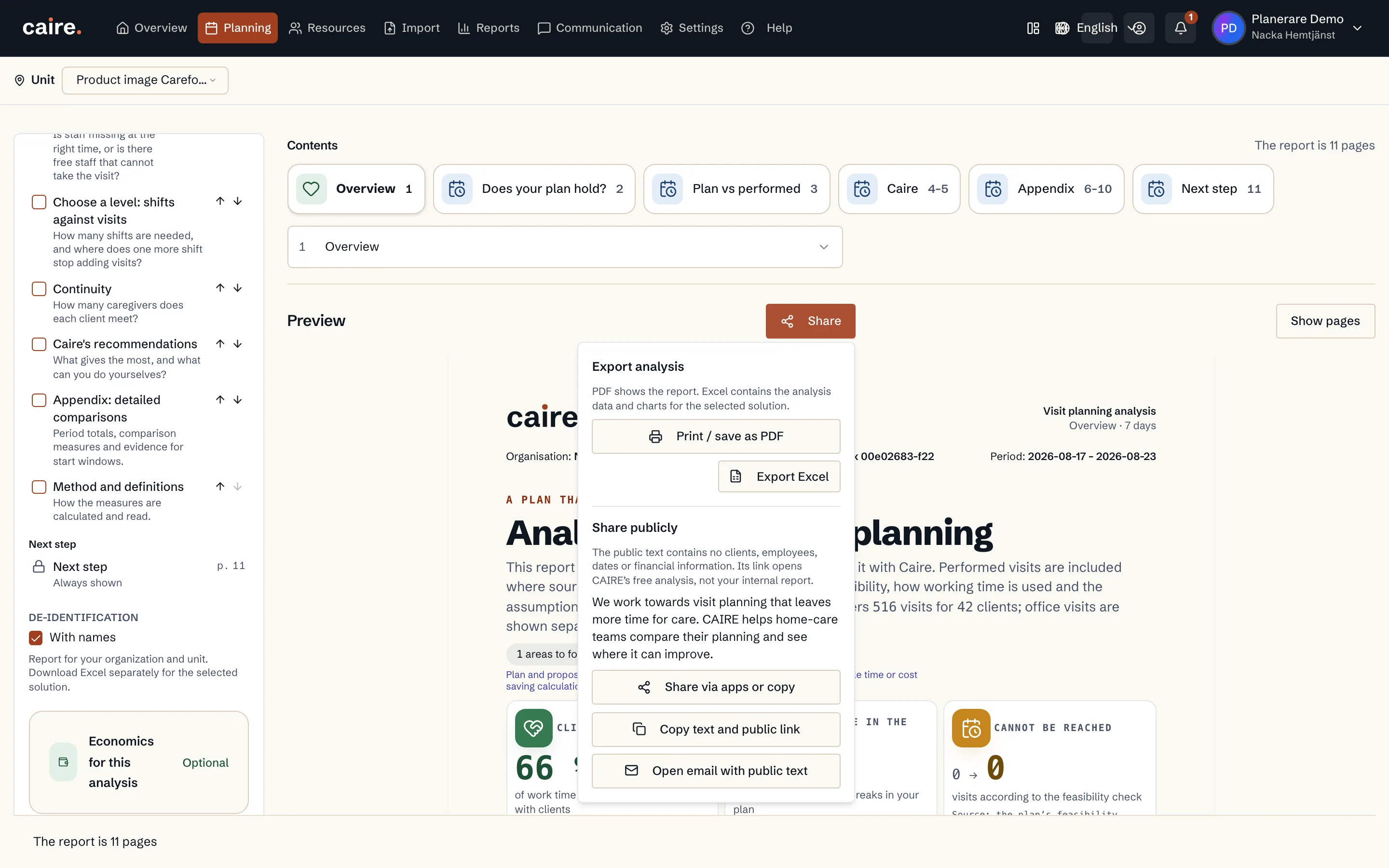 The report builder's page count and print and Excel actions