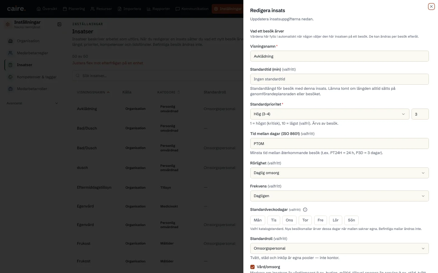 Dialogen för en insats med namn, kategori, rörlighet och prioritet