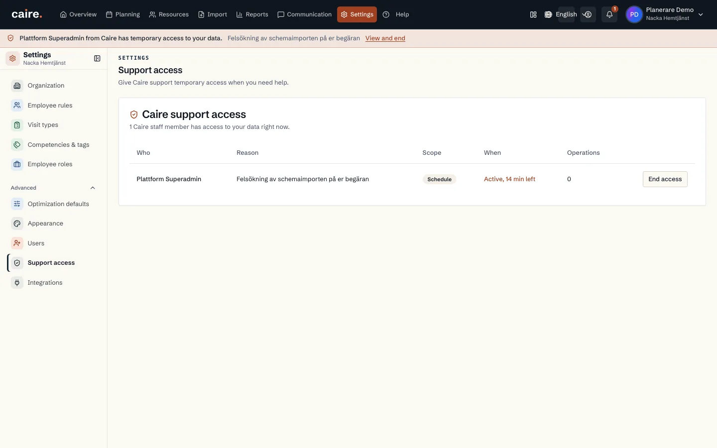 Caire support access with who, reason, scope and time