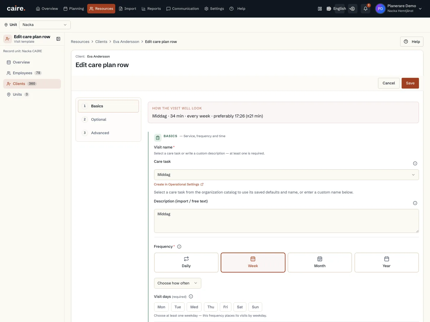 Saved recurrence and weekdays in a visit template
