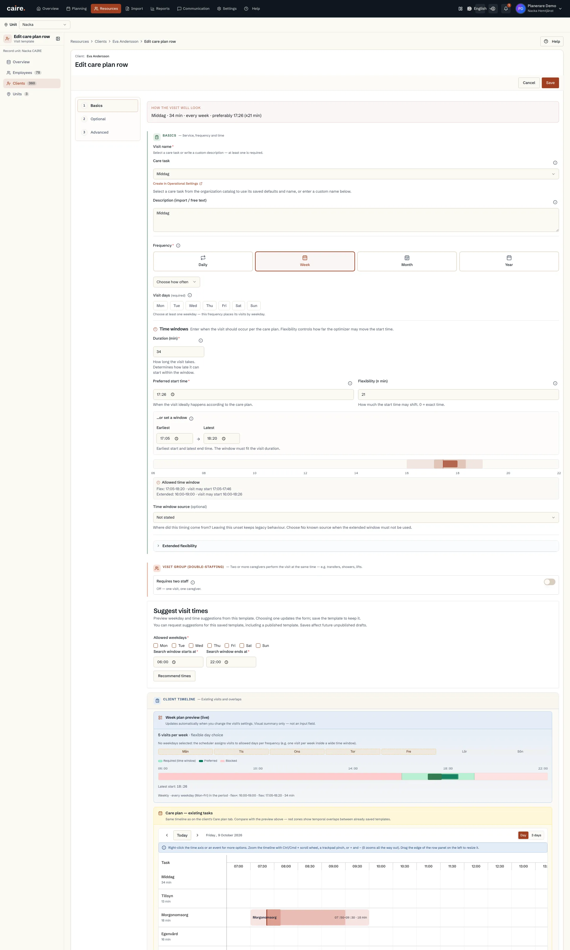Visit duration and saved time windows in a template