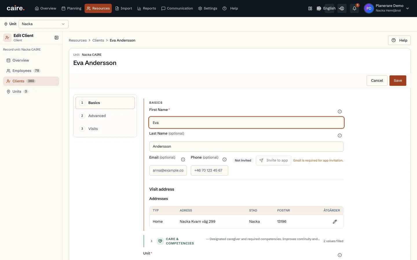 Client identity and visiting address in the edit form