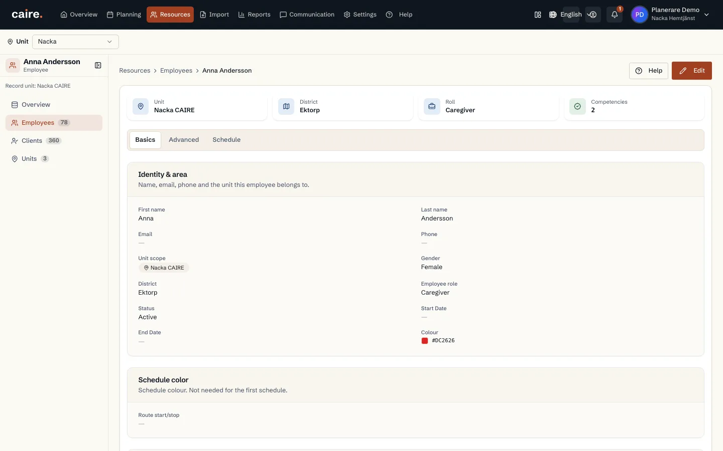 Employee basics in a read-only view