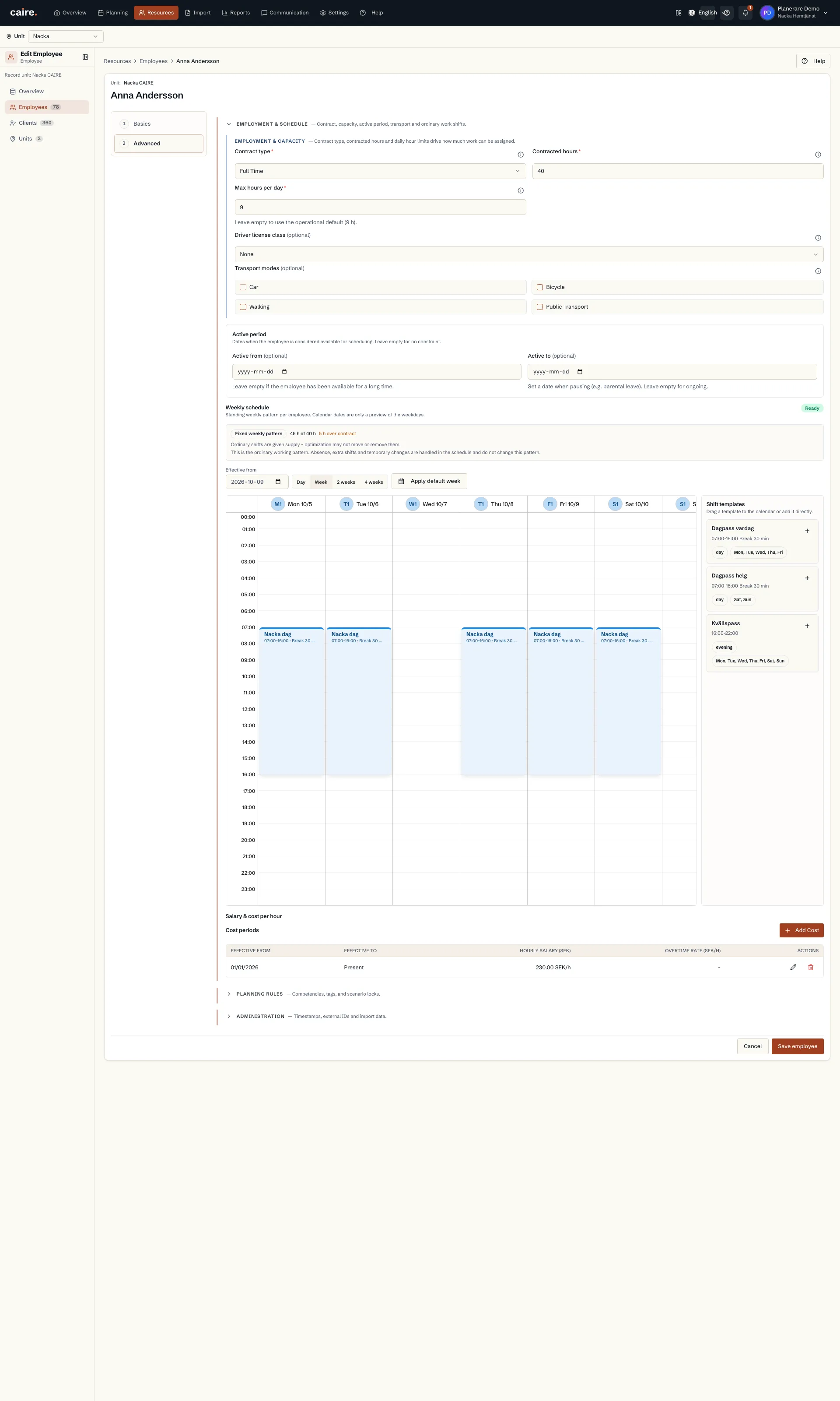 Saved shifts in the employee's weekly schedule