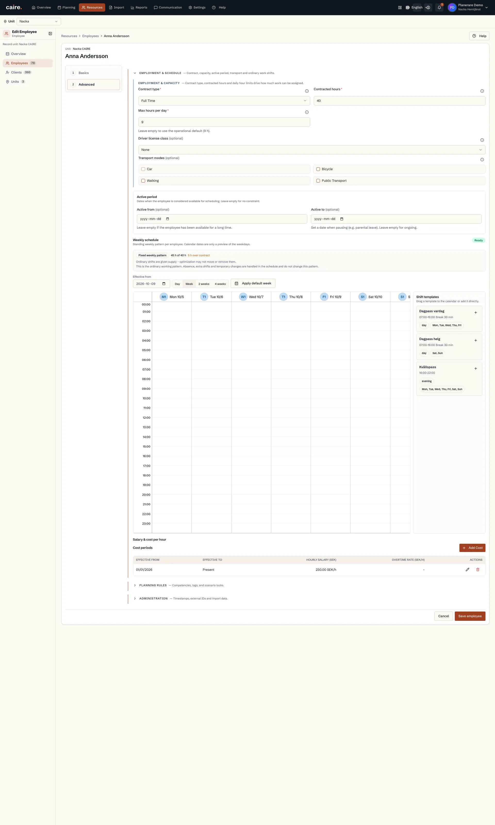 Existing salary and hourly-cost records for an employee