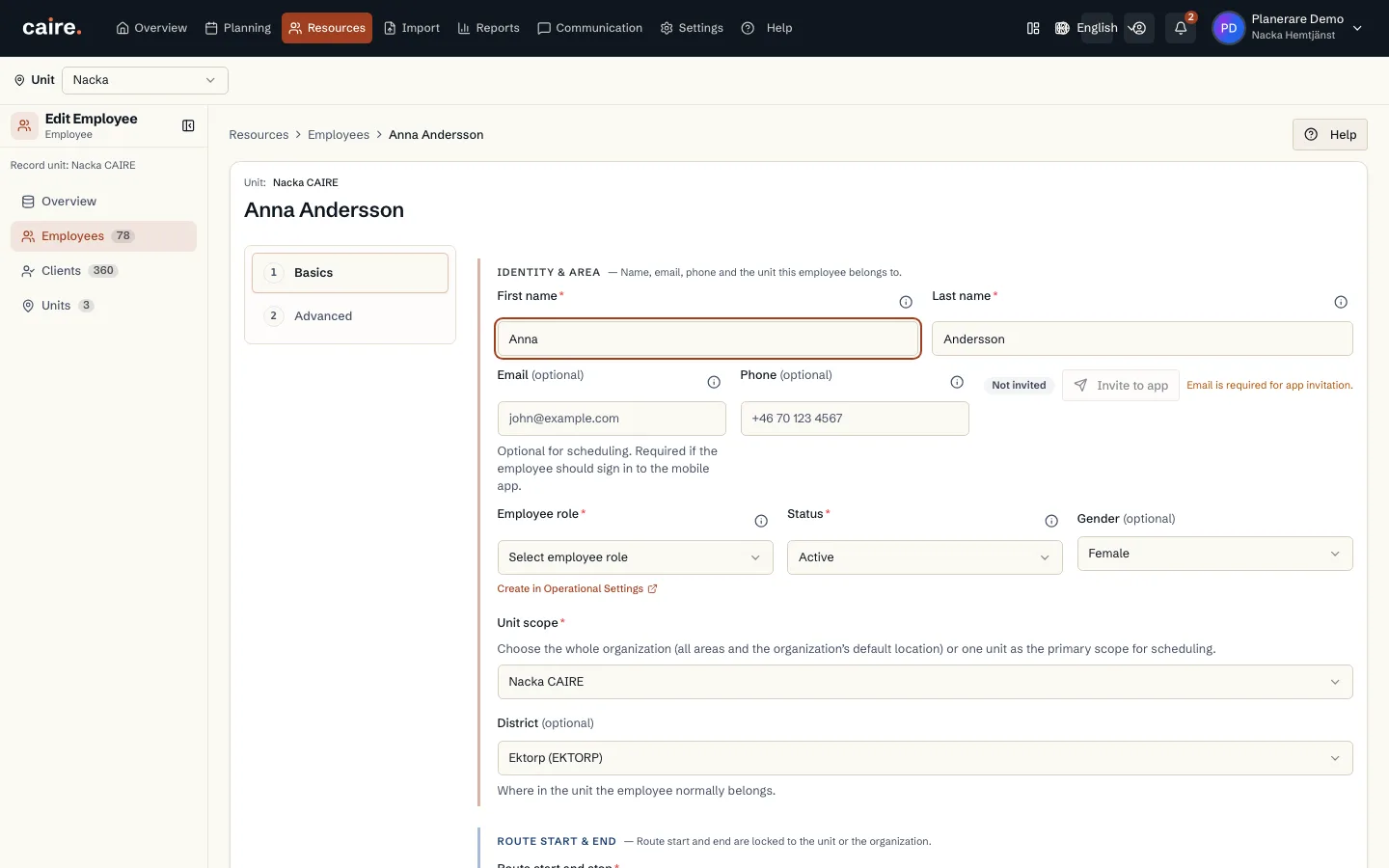 Employee identity and service area in the edit form