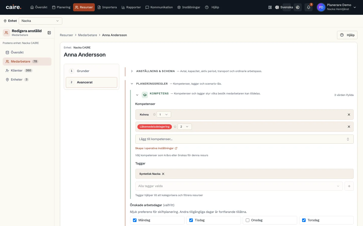 Valda kompetenser i medarbetarens planeringsregler