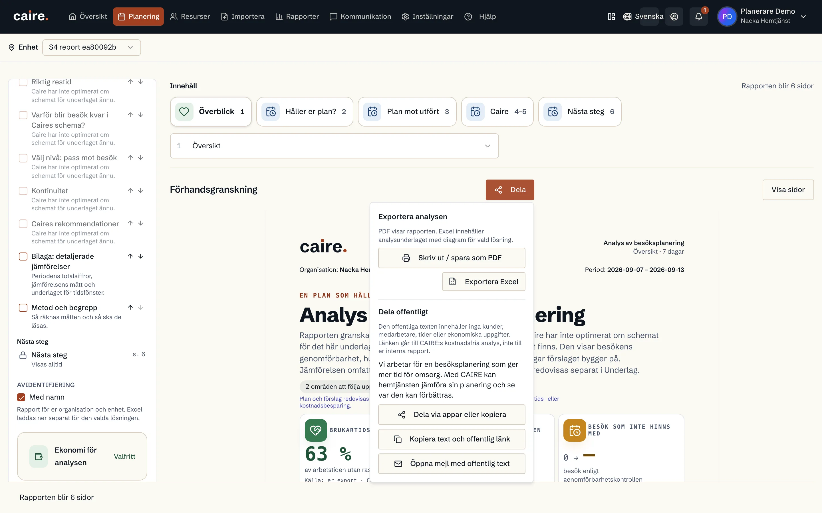 Export av rapport som PDF eller Excel i Caire