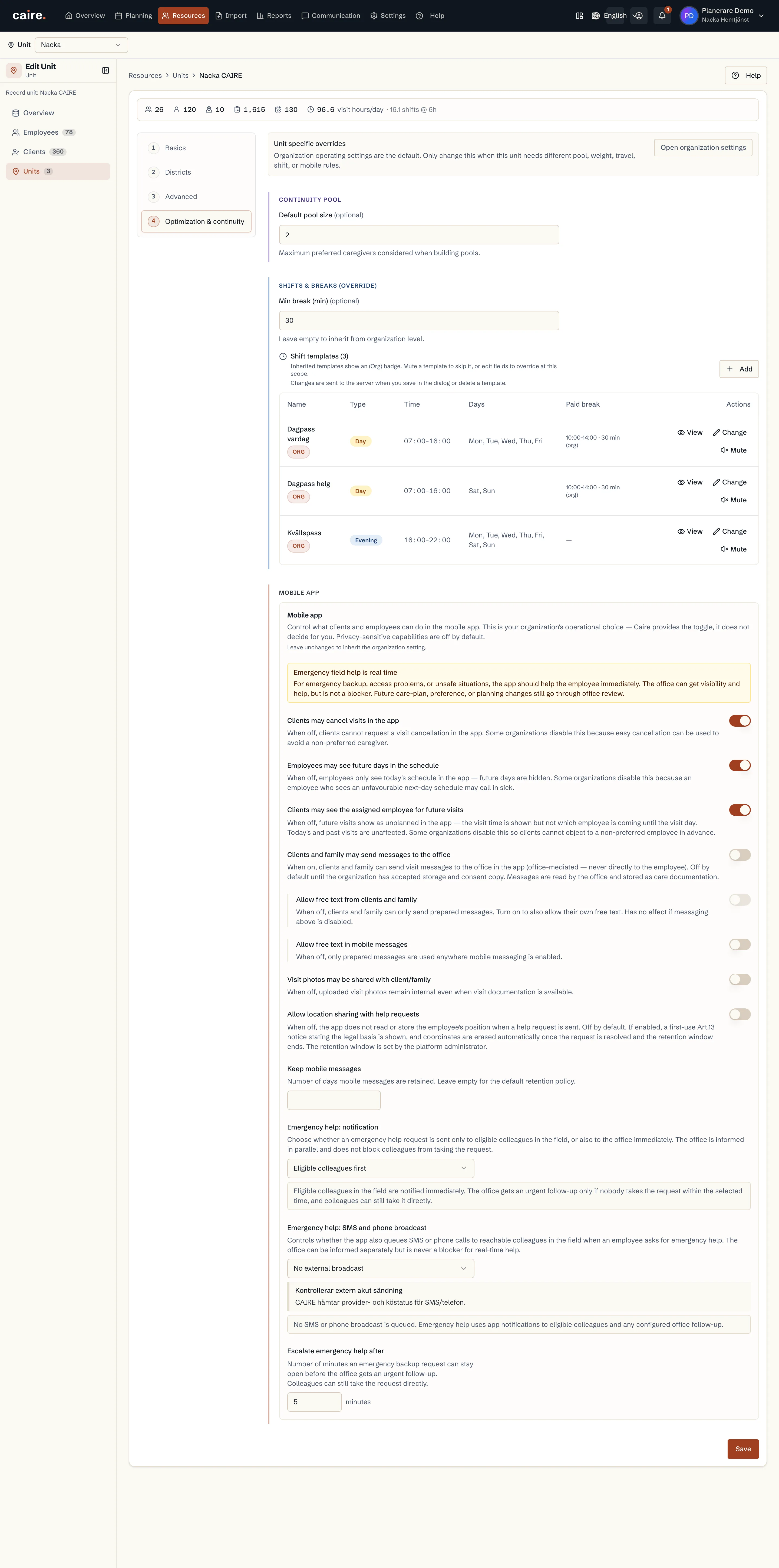 Review unit optimization settings