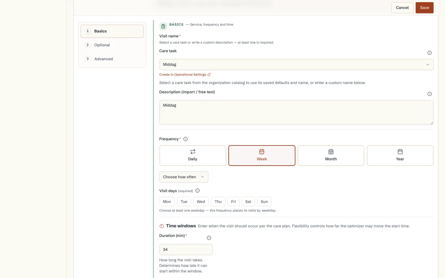 Visit template with recommended frequency and preferred weekdays
