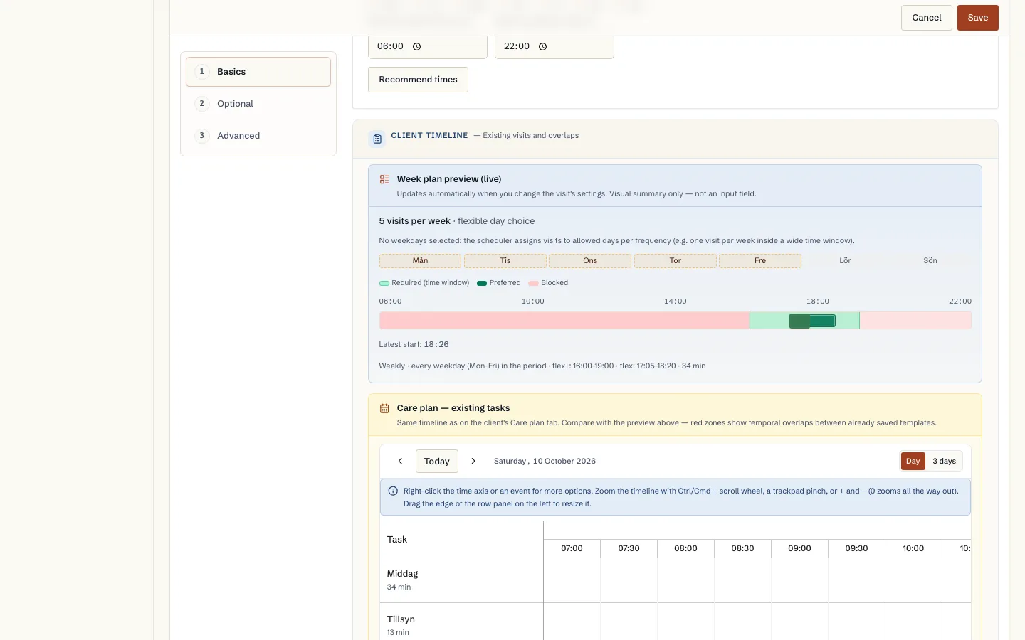 Preview of the visit's time window among the client's other visits