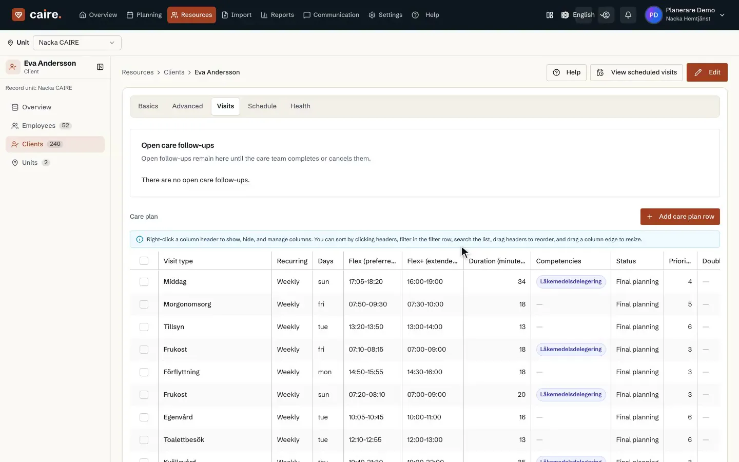 Visit requirements with allowed times and flexibility