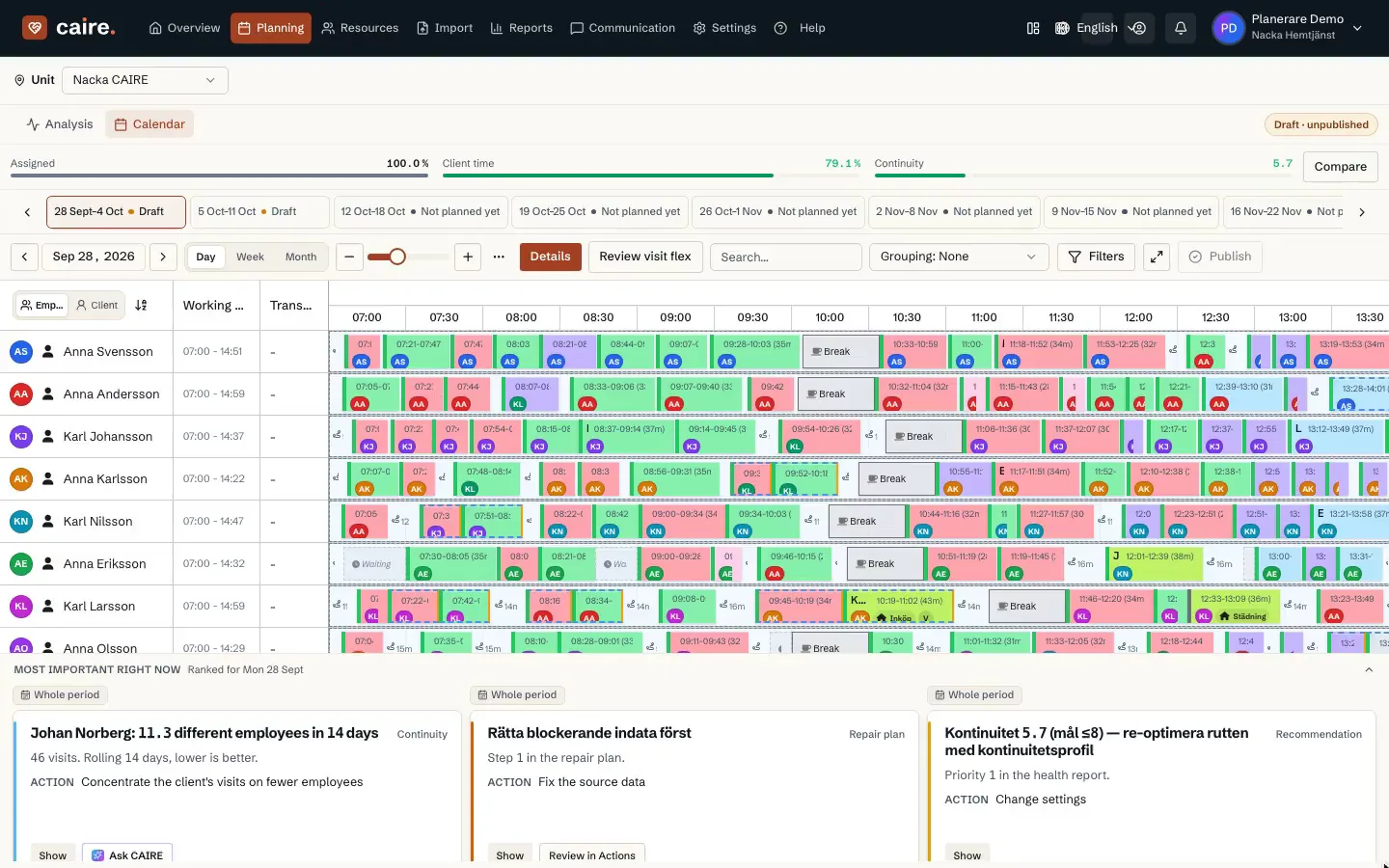 Calendar view of employees’ visits